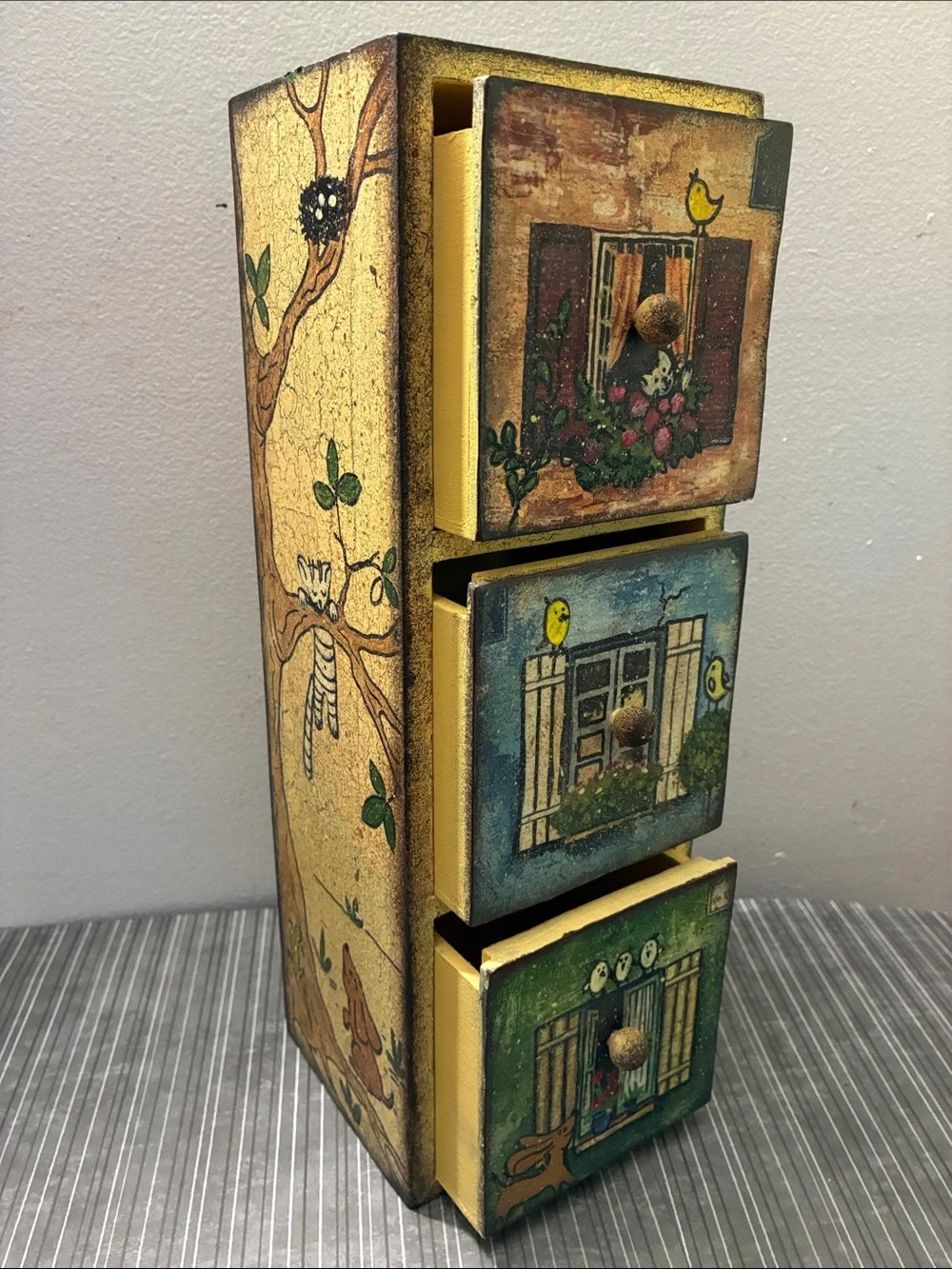 3-Drawer Wooden Chest with Bird Window Motifs